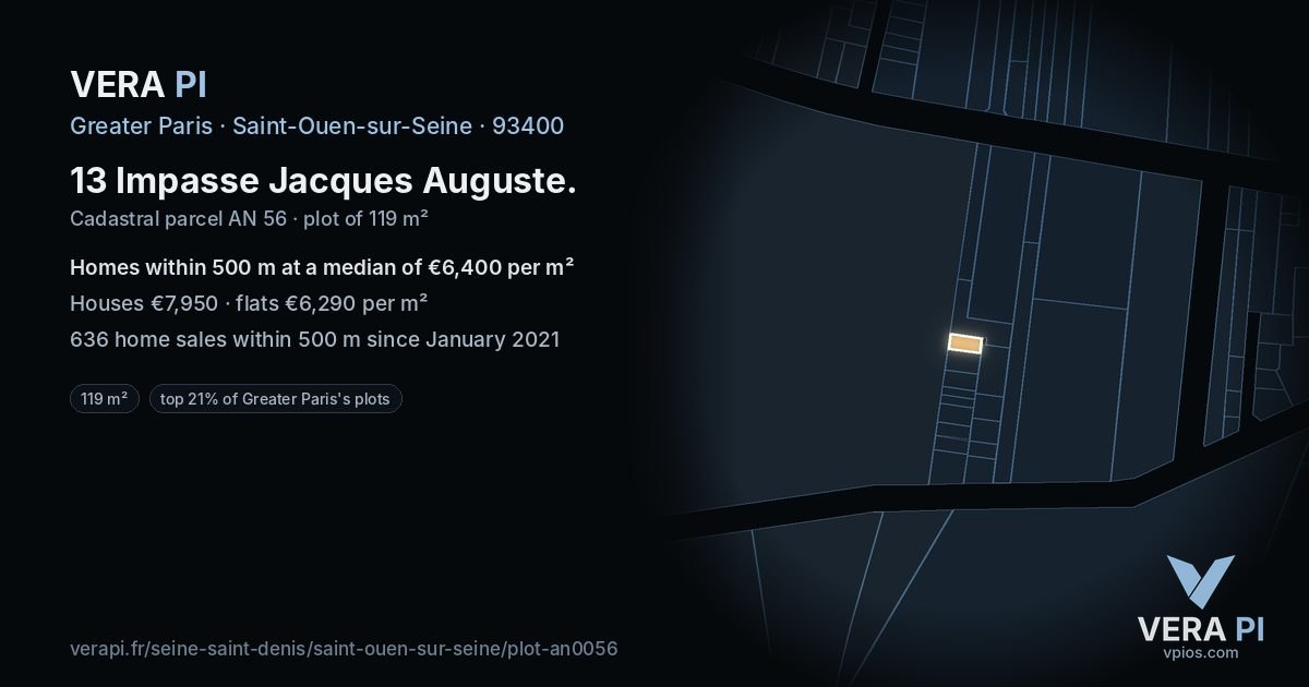 13 Impasse Jacques Auguste, Saint-Ouen-sur-Seine at night – the plot lit, the parcels around coloured by the prices near them