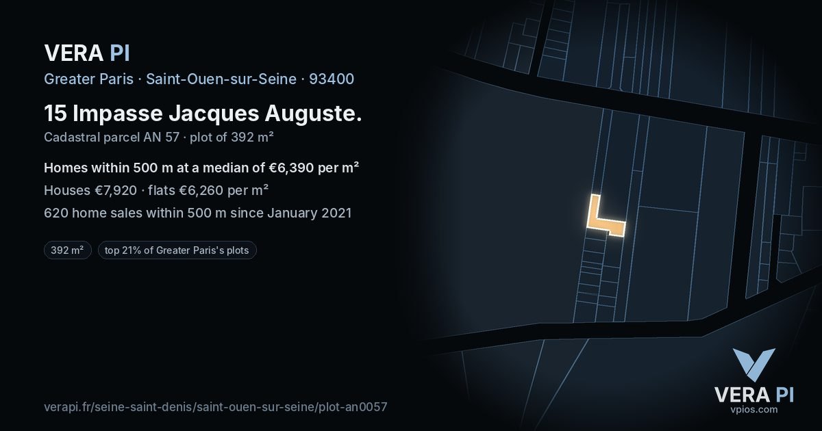 15 Impasse Jacques Auguste, Saint-Ouen-sur-Seine at night – the plot lit, the parcels around coloured by the prices near them