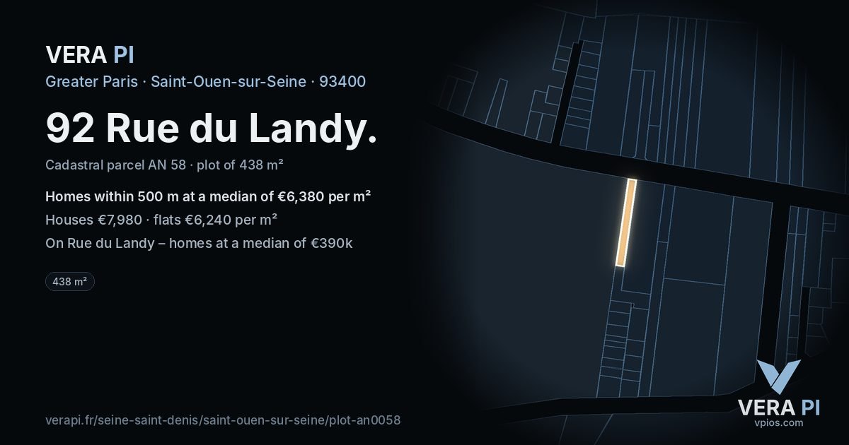 92 Rue du Landy, Saint-Ouen-sur-Seine at night – the plot lit, the parcels around coloured by the prices near them