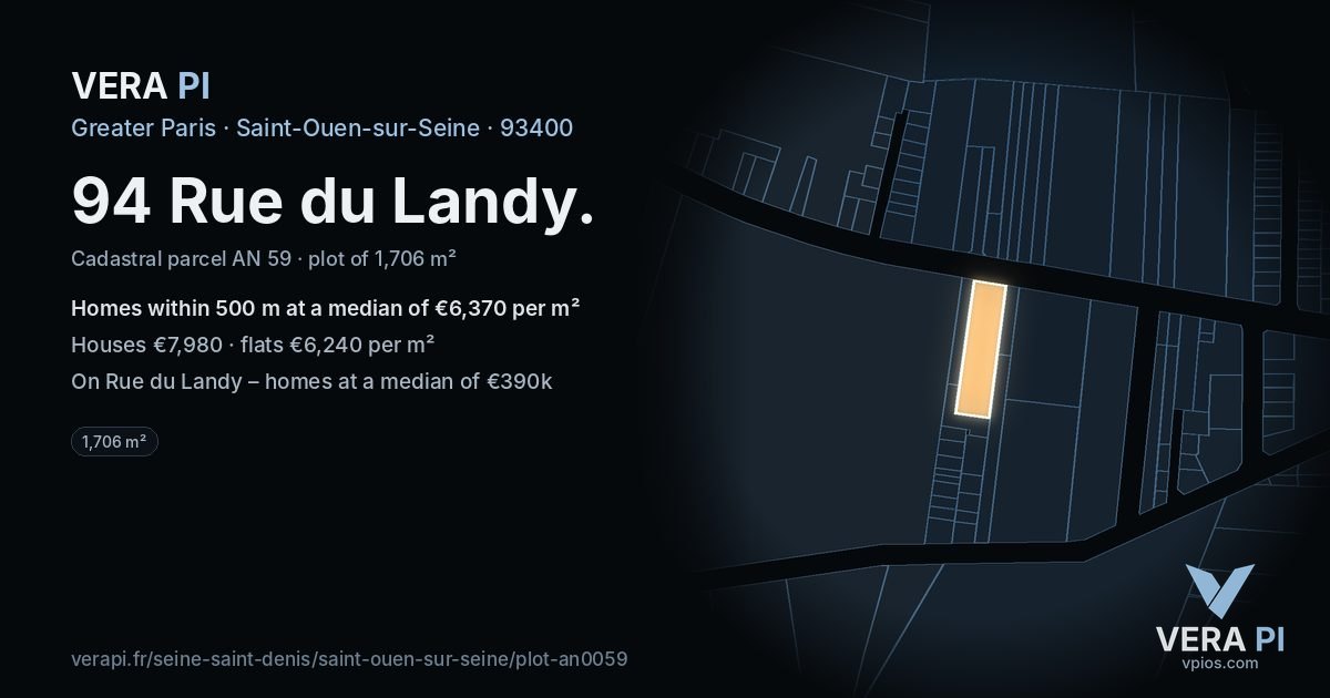94 Rue du Landy, Saint-Ouen-sur-Seine at night – the plot lit, the parcels around coloured by the prices near them