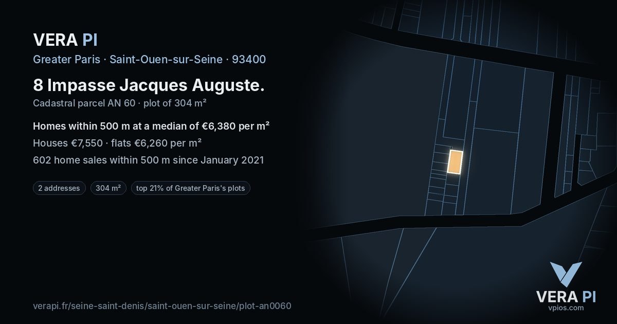 8 Impasse Jacques Auguste, Saint-Ouen-sur-Seine at night – the plot lit, the parcels around coloured by the prices near them
