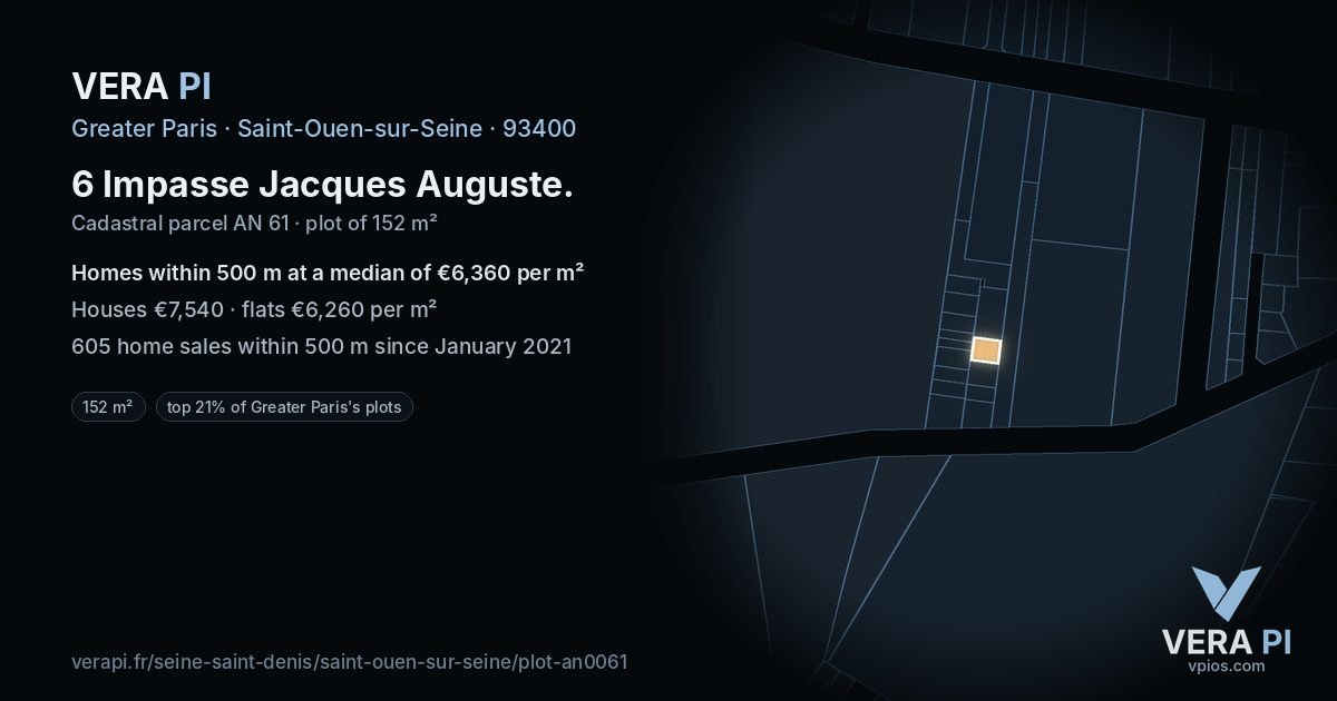 6 Impasse Jacques Auguste, Saint-Ouen-sur-Seine at night – the plot lit, the parcels around coloured by the prices near them