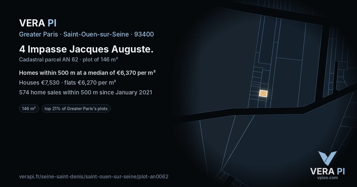 4 Impasse Jacques Auguste, Saint-Ouen-sur-Seine at night – the plot lit, the parcels around coloured by the prices near them