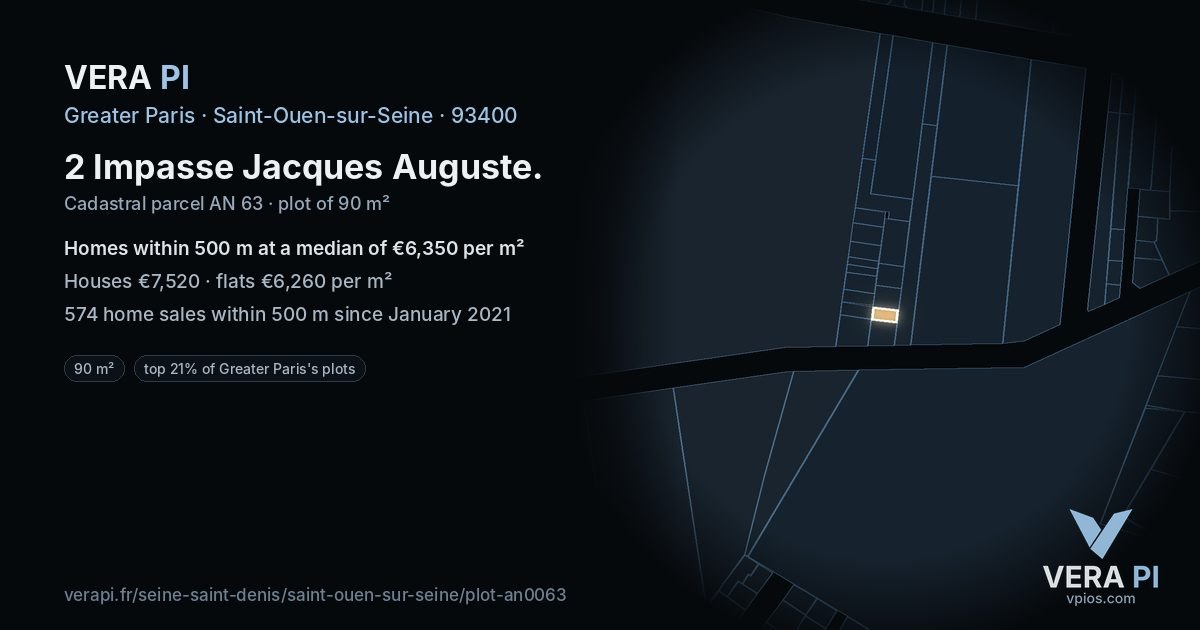 2 Impasse Jacques Auguste, Saint-Ouen-sur-Seine at night – the plot lit, the parcels around coloured by the prices near them