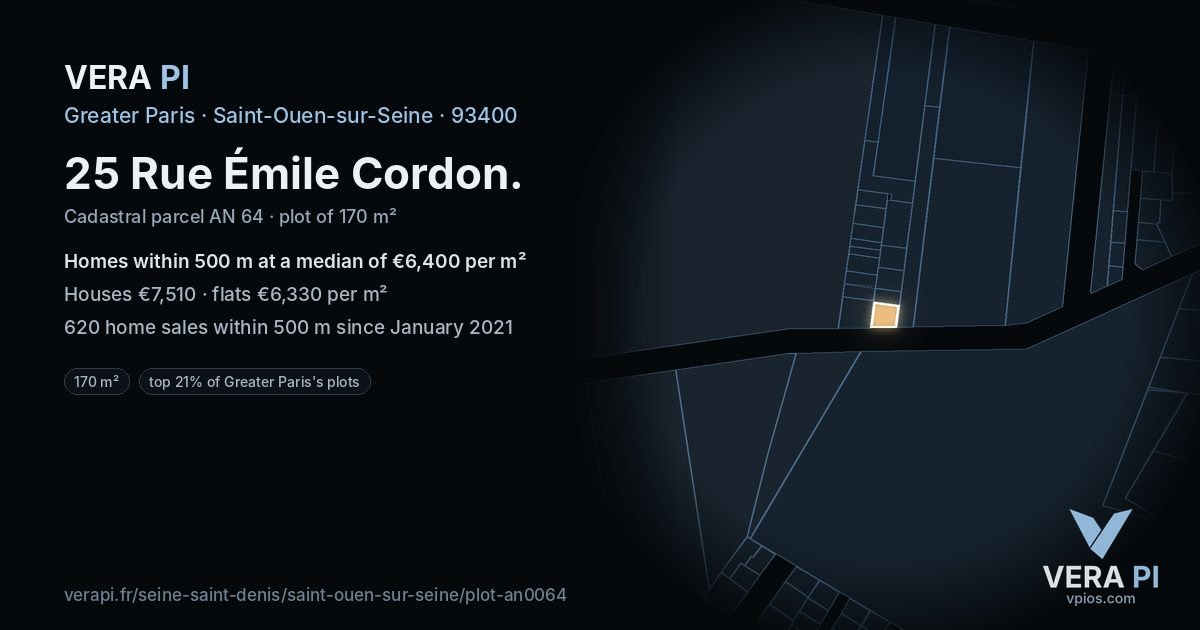 25 Rue Émile Cordon, Saint-Ouen-sur-Seine at night – the plot lit, the parcels around coloured by the prices near them