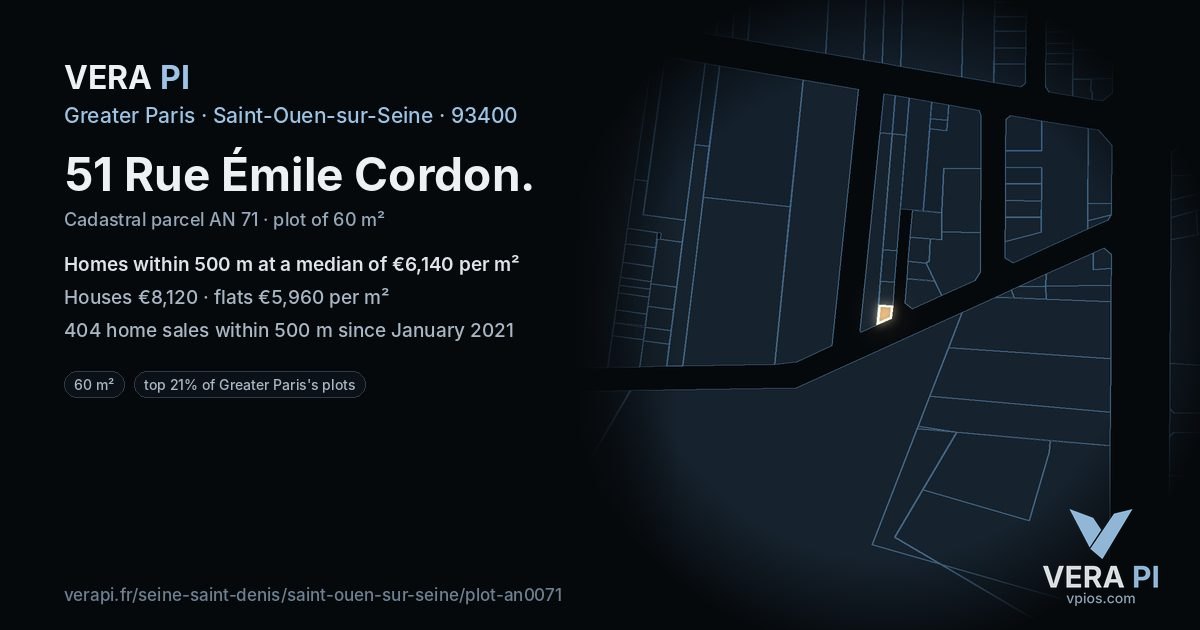 51 Rue Émile Cordon, Saint-Ouen-sur-Seine at night – the plot lit, the parcels around coloured by the prices near them