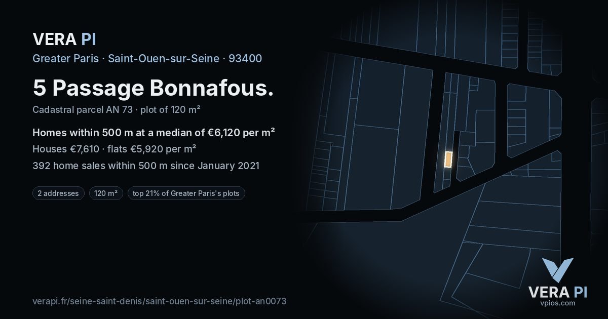 5 Passage Bonnafous, Saint-Ouen-sur-Seine at night – the plot lit, the parcels around coloured by the prices near them