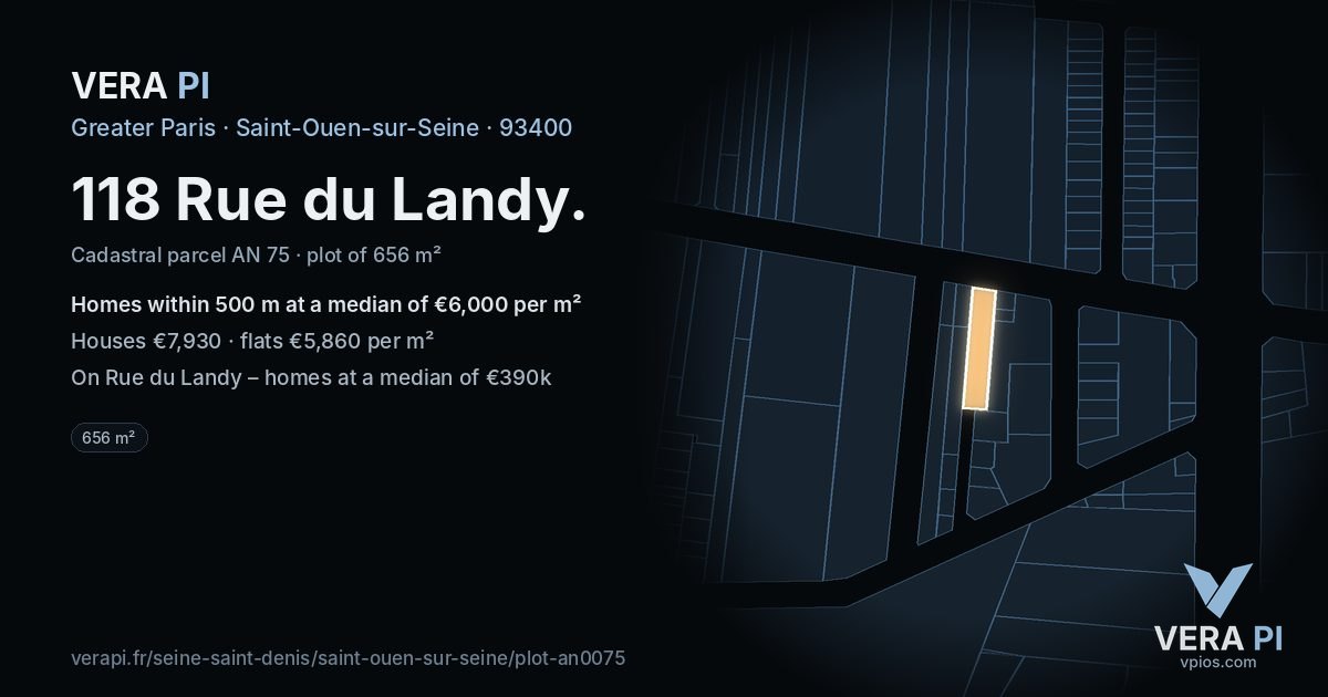 118 Rue du Landy, Saint-Ouen-sur-Seine at night – the plot lit, the parcels around coloured by the prices near them