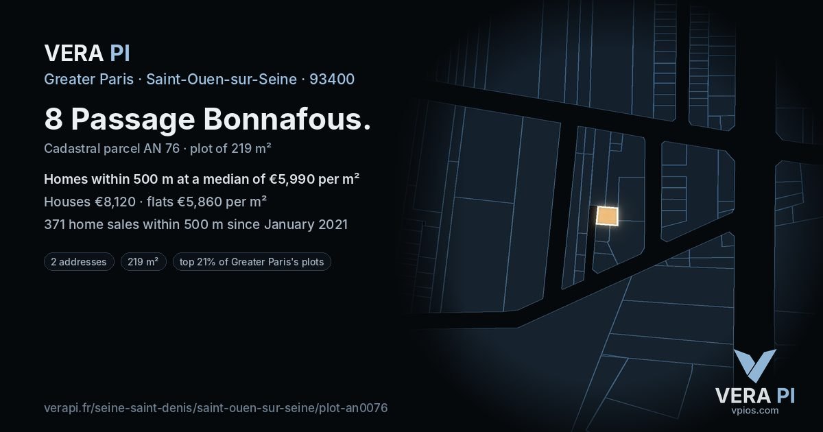 8 Passage Bonnafous, Saint-Ouen-sur-Seine at night – the plot lit, the parcels around coloured by the prices near them