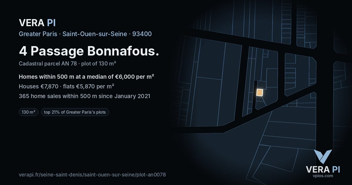 4 Passage Bonnafous, Saint-Ouen-sur-Seine at night – the plot lit, the parcels around coloured by the prices near them