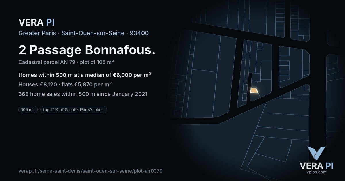 2 Passage Bonnafous, Saint-Ouen-sur-Seine at night – the plot lit, the parcels around coloured by the prices near them