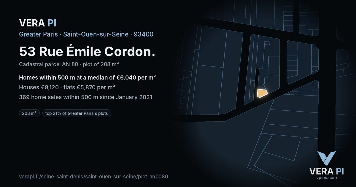 53 Rue Émile Cordon, Saint-Ouen-sur-Seine at night – the plot lit, the parcels around coloured by the prices near them