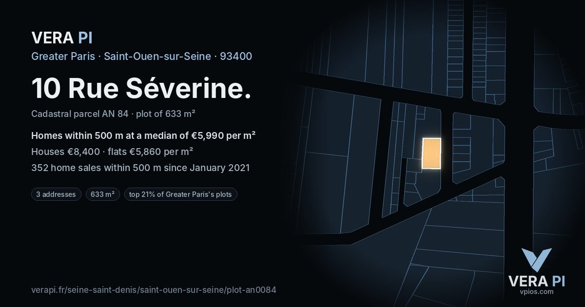 10 Rue Séverine, Saint-Ouen-sur-Seine at night – the plot lit, the parcels around coloured by the prices near them