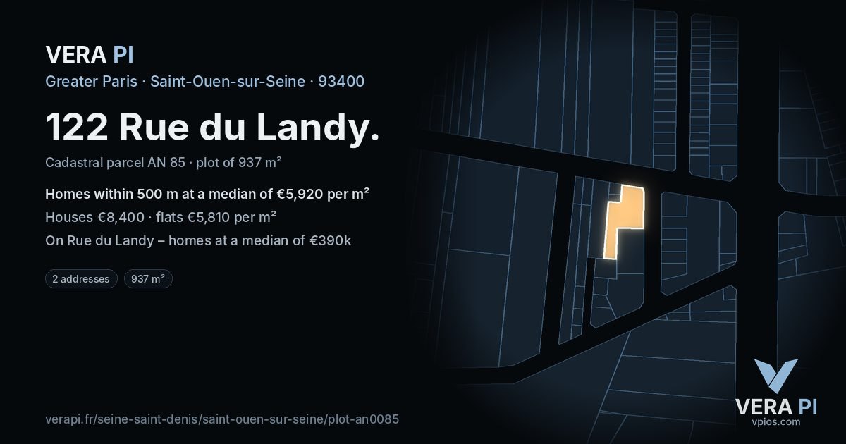 122 Rue du Landy, Saint-Ouen-sur-Seine at night – the plot lit, the parcels around coloured by the prices near them