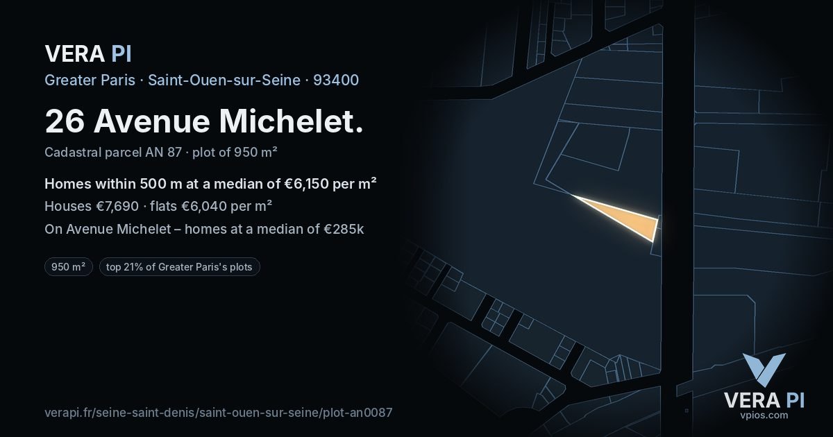 26 Avenue Michelet, Saint-Ouen-sur-Seine at night – the plot lit, the parcels around coloured by the prices near them