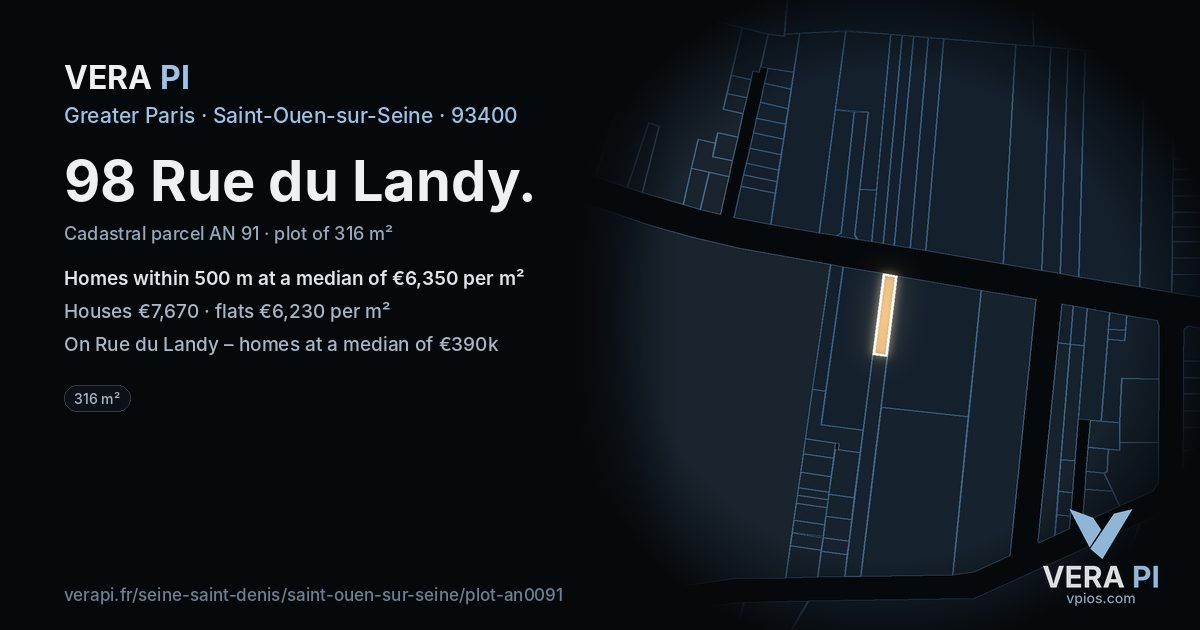 98 Rue du Landy, Saint-Ouen-sur-Seine at night – the plot lit, the parcels around coloured by the prices near them