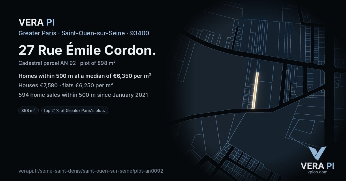 27 Rue Émile Cordon, Saint-Ouen-sur-Seine at night – the plot lit, the parcels around coloured by the prices near them