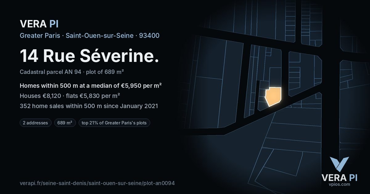 14 Rue Séverine, Saint-Ouen-sur-Seine at night – the plot lit, the parcels around coloured by the prices near them