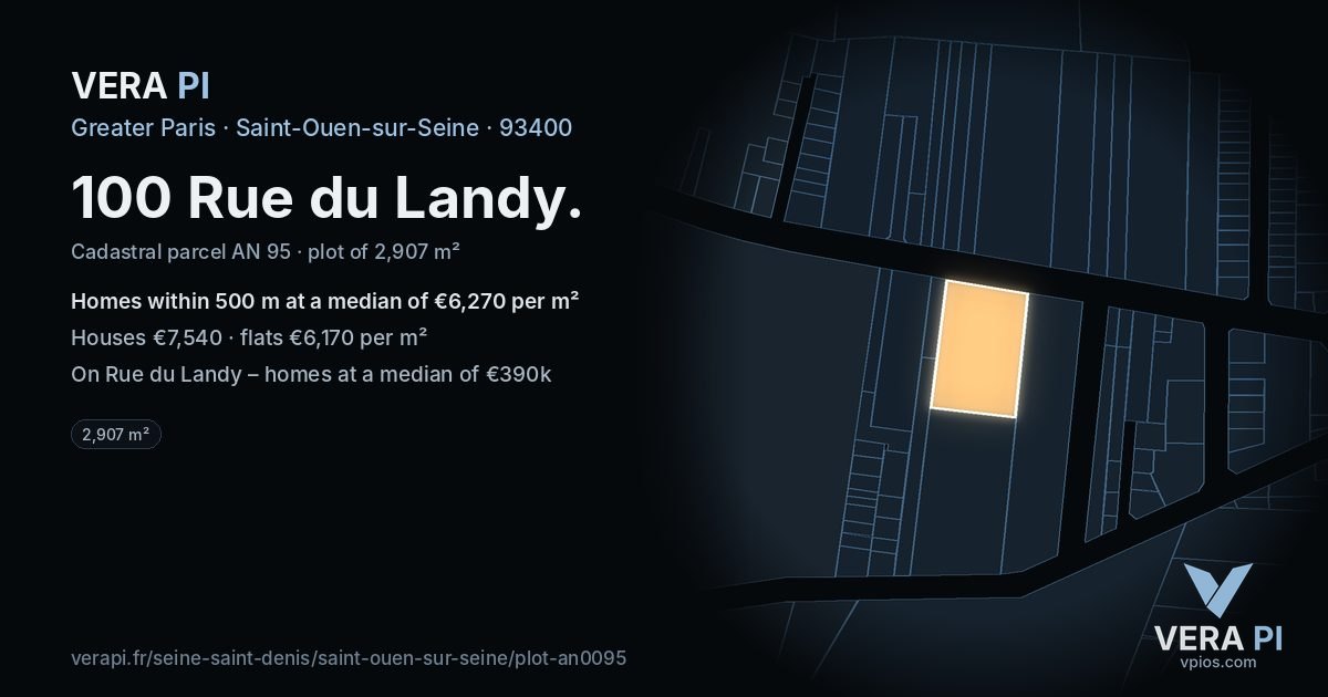 100 Rue du Landy, Saint-Ouen-sur-Seine at night – the plot lit, the parcels around coloured by the prices near them