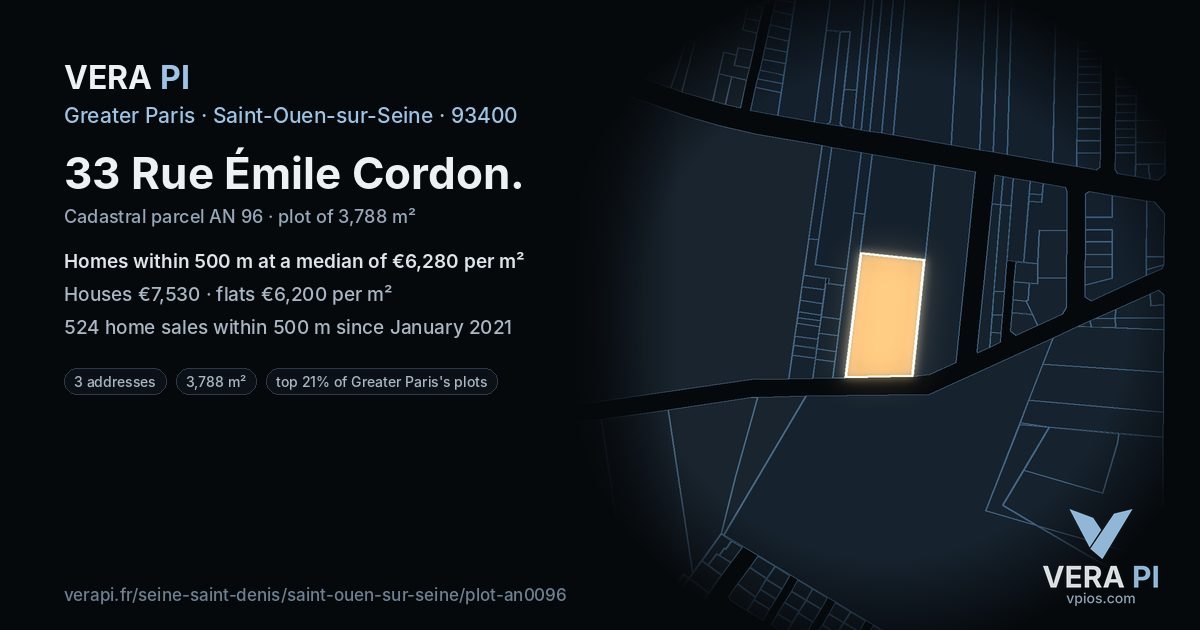 33 Rue Émile Cordon, Saint-Ouen-sur-Seine at night – the plot lit, the parcels around coloured by the prices near them
