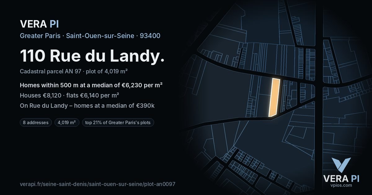 110 Rue du Landy, Saint-Ouen-sur-Seine at night – the plot lit, the parcels around coloured by the prices near them