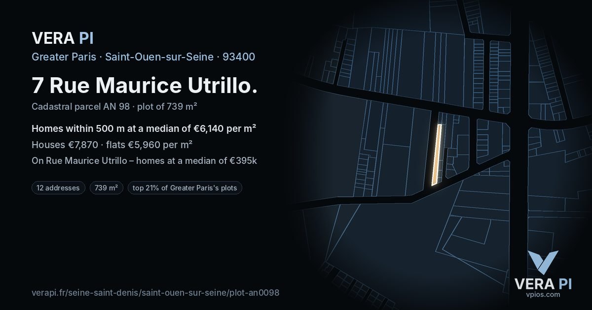 7 Rue Maurice Utrillo, Saint-Ouen-sur-Seine at night – the plot lit, the parcels around coloured by the prices near them