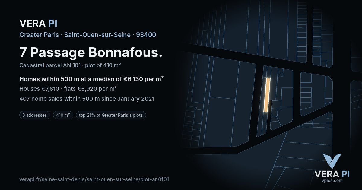 7 Passage Bonnafous, Saint-Ouen-sur-Seine at night – the plot lit, the parcels around coloured by the prices near them