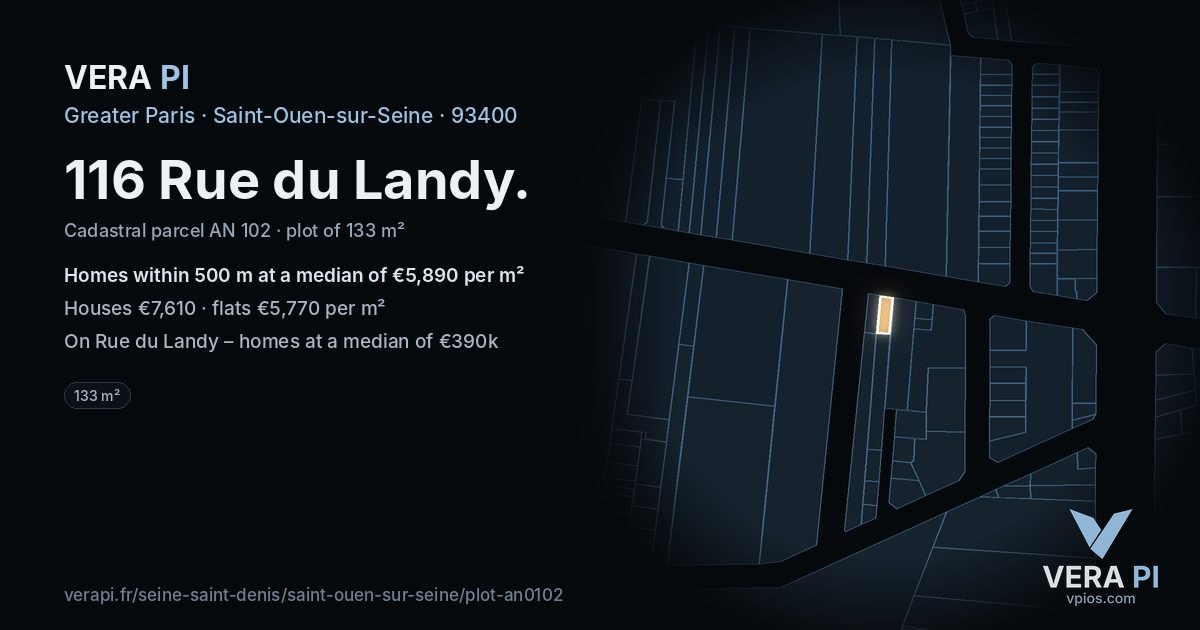 116 Rue du Landy, Saint-Ouen-sur-Seine at night – the plot lit, the parcels around coloured by the prices near them