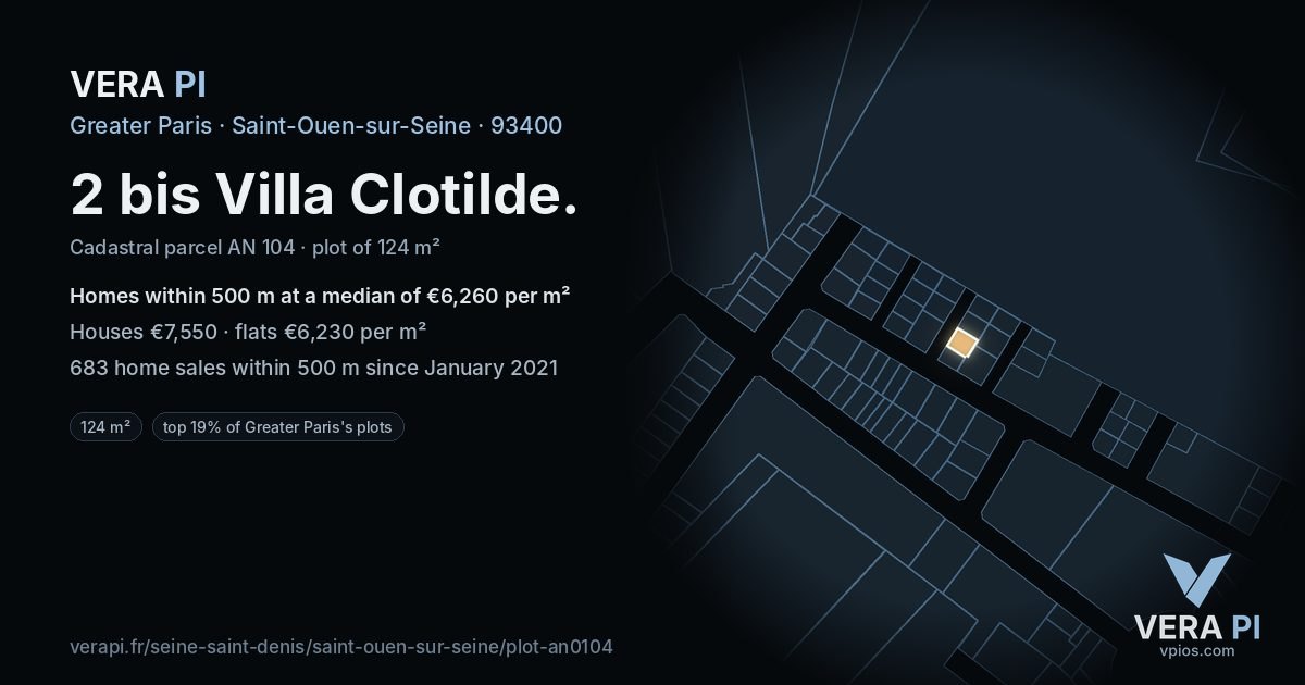 2 bis Villa Clotilde, Saint-Ouen-sur-Seine at night – the plot lit, the parcels around coloured by the prices near them
