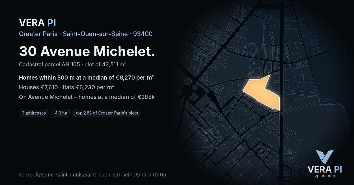 30 Avenue Michelet, Saint-Ouen-sur-Seine at night – the plot lit, the parcels around coloured by the prices near them