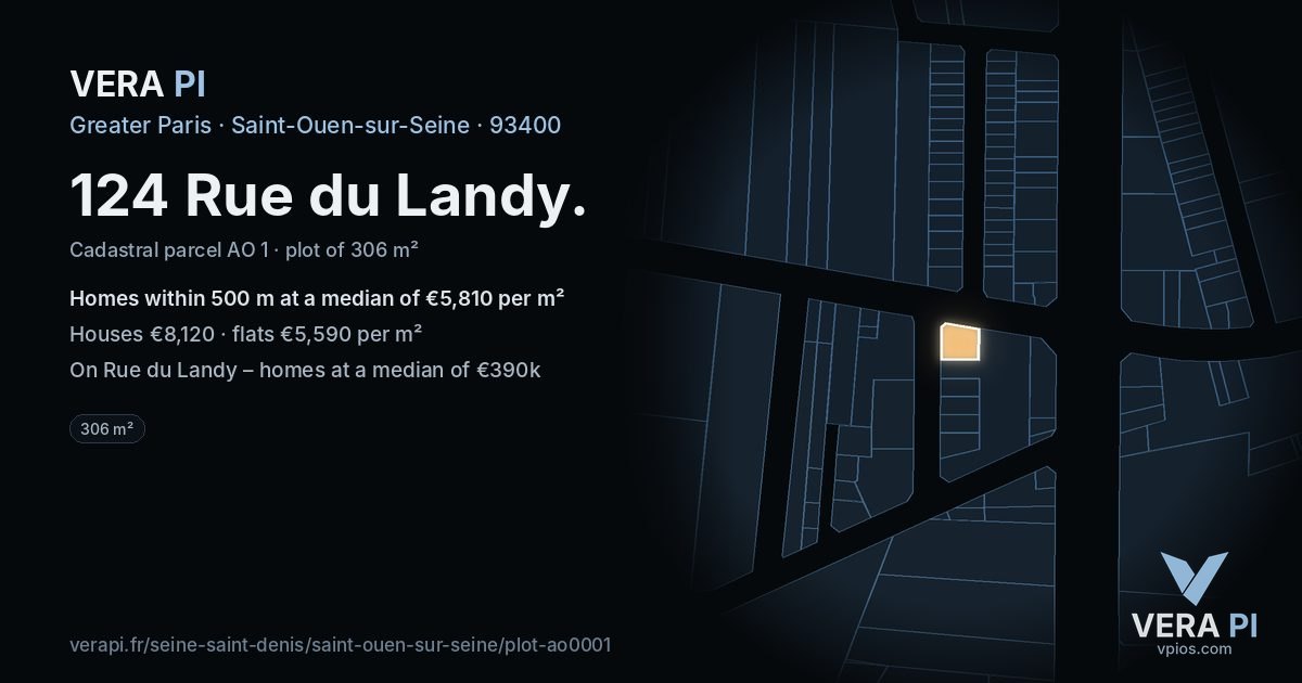 124 Rue du Landy, Saint-Ouen-sur-Seine at night – the plot lit, the parcels around coloured by the prices near them
