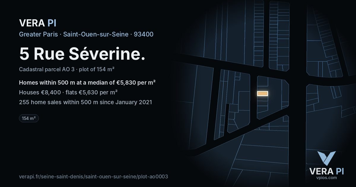 5 Rue Séverine, Saint-Ouen-sur-Seine at night – the plot lit, the parcels around coloured by the prices near them