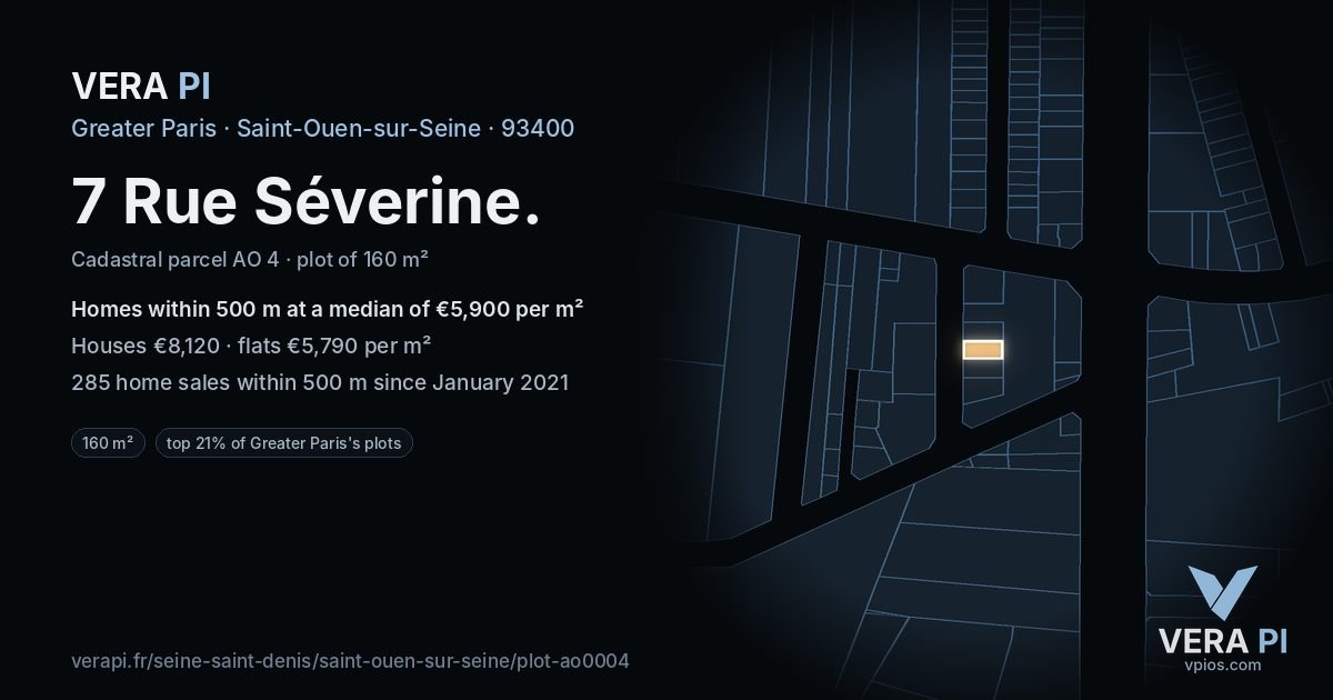 7 Rue Séverine, Saint-Ouen-sur-Seine at night – the plot lit, the parcels around coloured by the prices near them