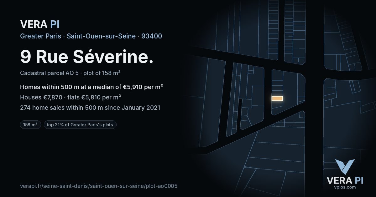 9 Rue Séverine, Saint-Ouen-sur-Seine at night – the plot lit, the parcels around coloured by the prices near them