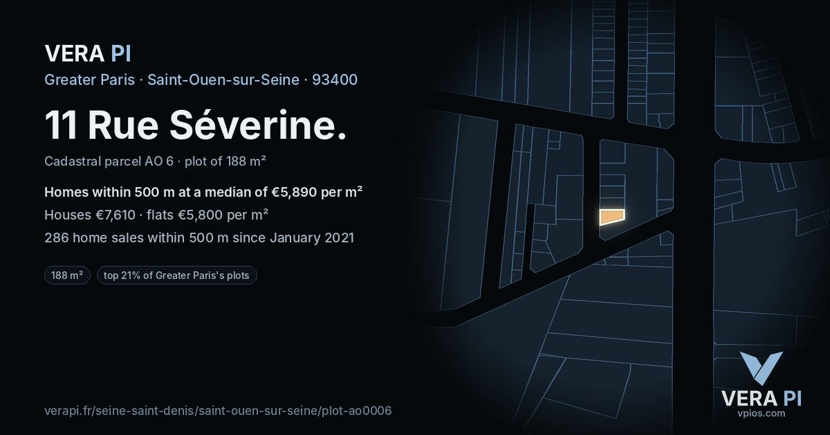 11 Rue Séverine, Saint-Ouen-sur-Seine at night – the plot lit, the parcels around coloured by the prices near them