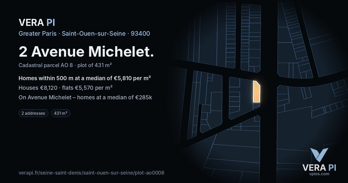2 Avenue Michelet, Saint-Ouen-sur-Seine at night – the plot lit, the parcels around coloured by the prices near them