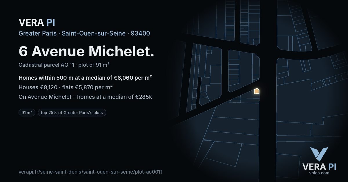 6 Avenue Michelet, Saint-Ouen-sur-Seine at night – the plot lit, the parcels around coloured by the prices near them