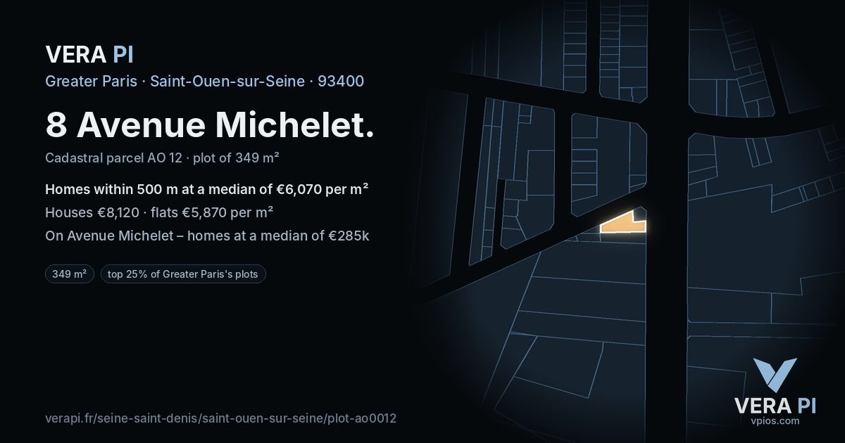 8 Avenue Michelet, Saint-Ouen-sur-Seine at night – the plot lit, the parcels around coloured by the prices near them