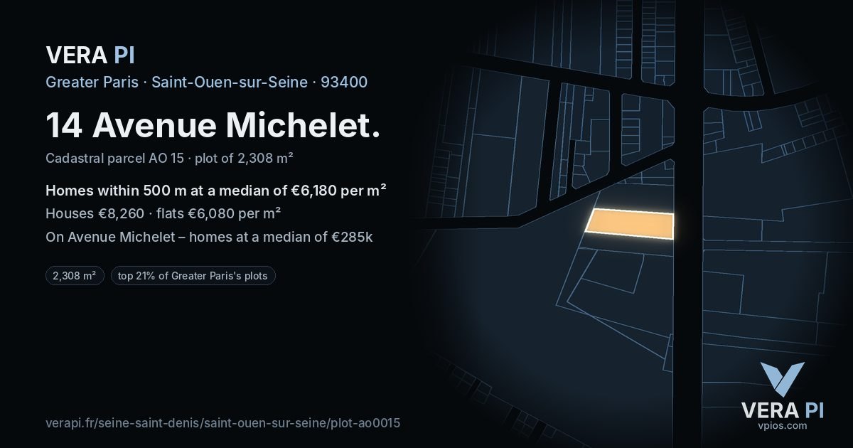 14 Avenue Michelet, Saint-Ouen-sur-Seine at night – the plot lit, the parcels around coloured by the prices near them