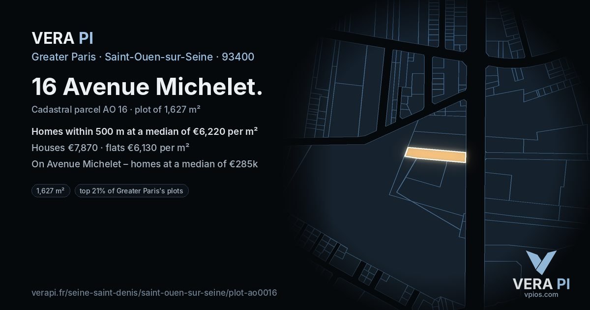 16 Avenue Michelet, Saint-Ouen-sur-Seine at night – the plot lit, the parcels around coloured by the prices near them