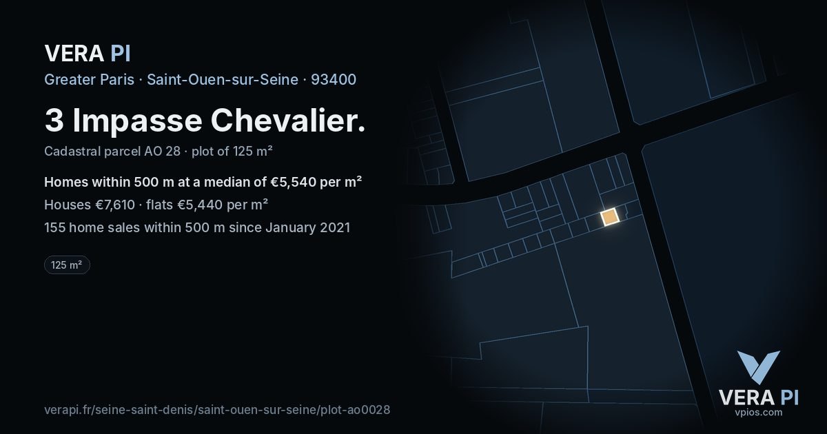 3 Impasse Chevalier, Saint-Ouen-sur-Seine at night – the plot lit, the parcels around coloured by the prices near them