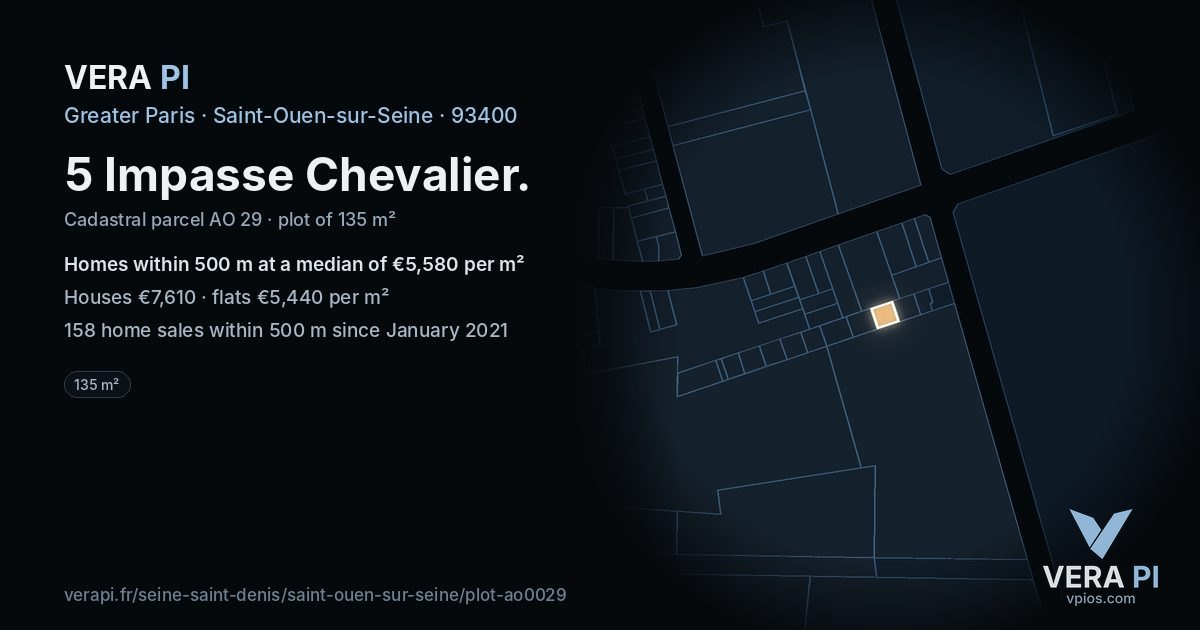 5 Impasse Chevalier, Saint-Ouen-sur-Seine at night – the plot lit, the parcels around coloured by the prices near them