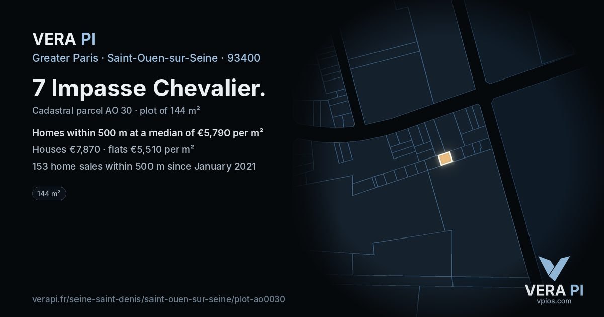 7 Impasse Chevalier, Saint-Ouen-sur-Seine at night – the plot lit, the parcels around coloured by the prices near them