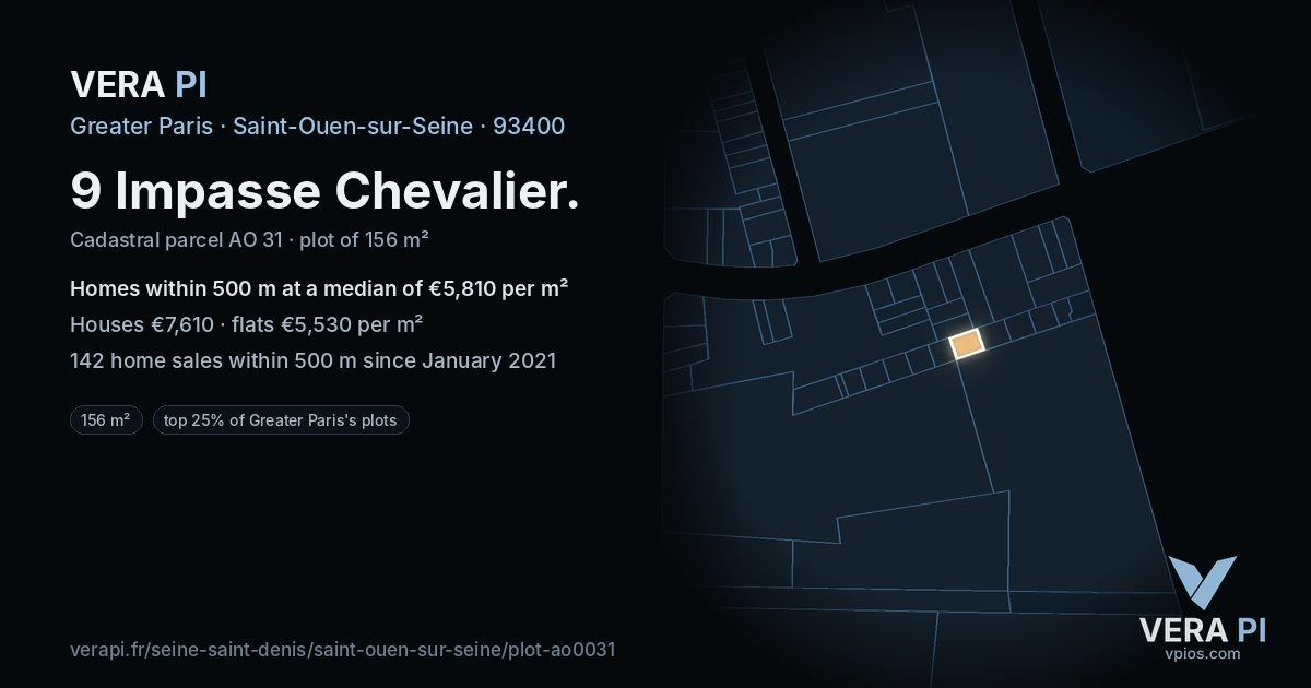 9 Impasse Chevalier, Saint-Ouen-sur-Seine at night – the plot lit, the parcels around coloured by the prices near them