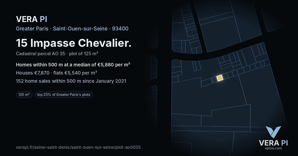 15 Impasse Chevalier, Saint-Ouen-sur-Seine at night – the plot lit, the parcels around coloured by the prices near them