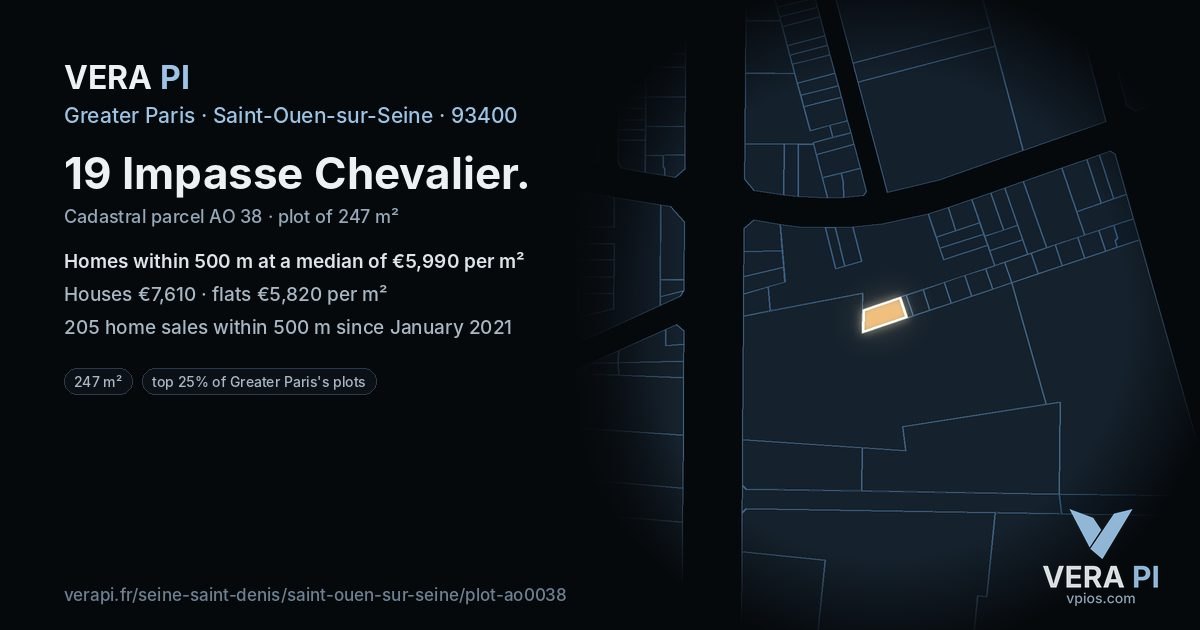 19 Impasse Chevalier, Saint-Ouen-sur-Seine at night – the plot lit, the parcels around coloured by the prices near them
