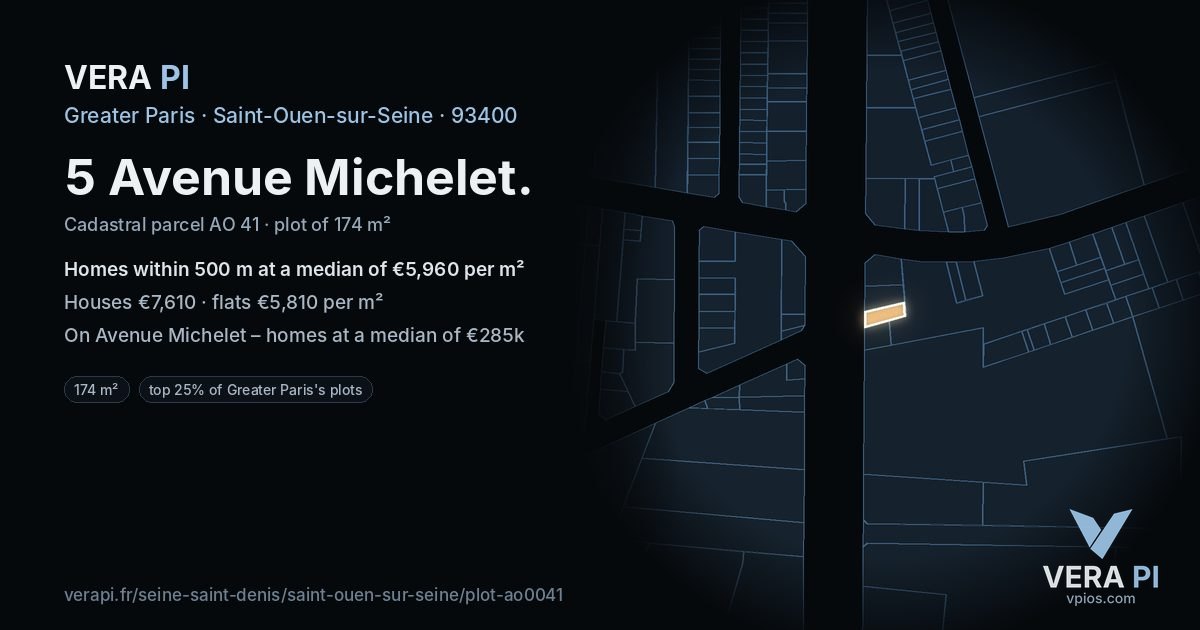 5 Avenue Michelet, Saint-Ouen-sur-Seine at night – the plot lit, the parcels around coloured by the prices near them