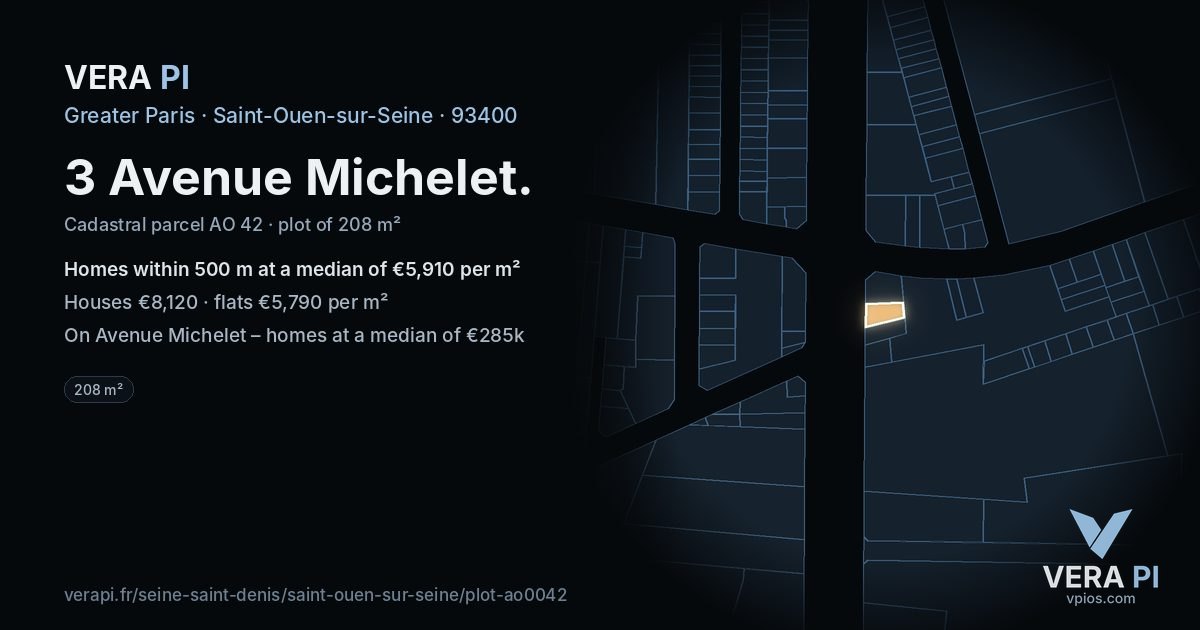 3 Avenue Michelet, Saint-Ouen-sur-Seine at night – the plot lit, the parcels around coloured by the prices near them