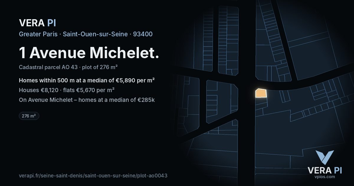 1 Avenue Michelet, Saint-Ouen-sur-Seine at night – the plot lit, the parcels around coloured by the prices near them