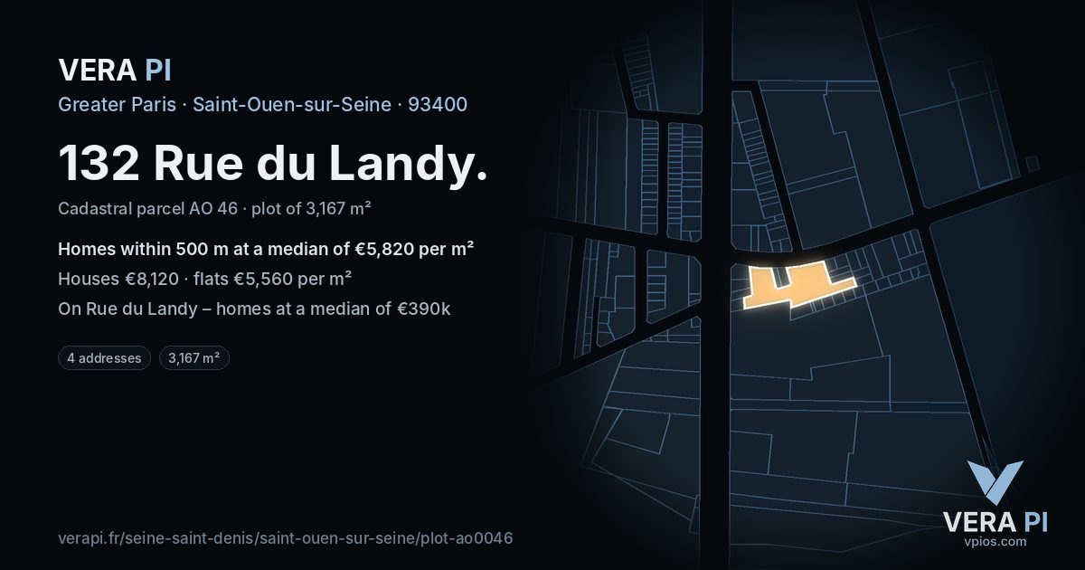 132 Rue du Landy, Saint-Ouen-sur-Seine at night – the plot lit, the parcels around coloured by the prices near them